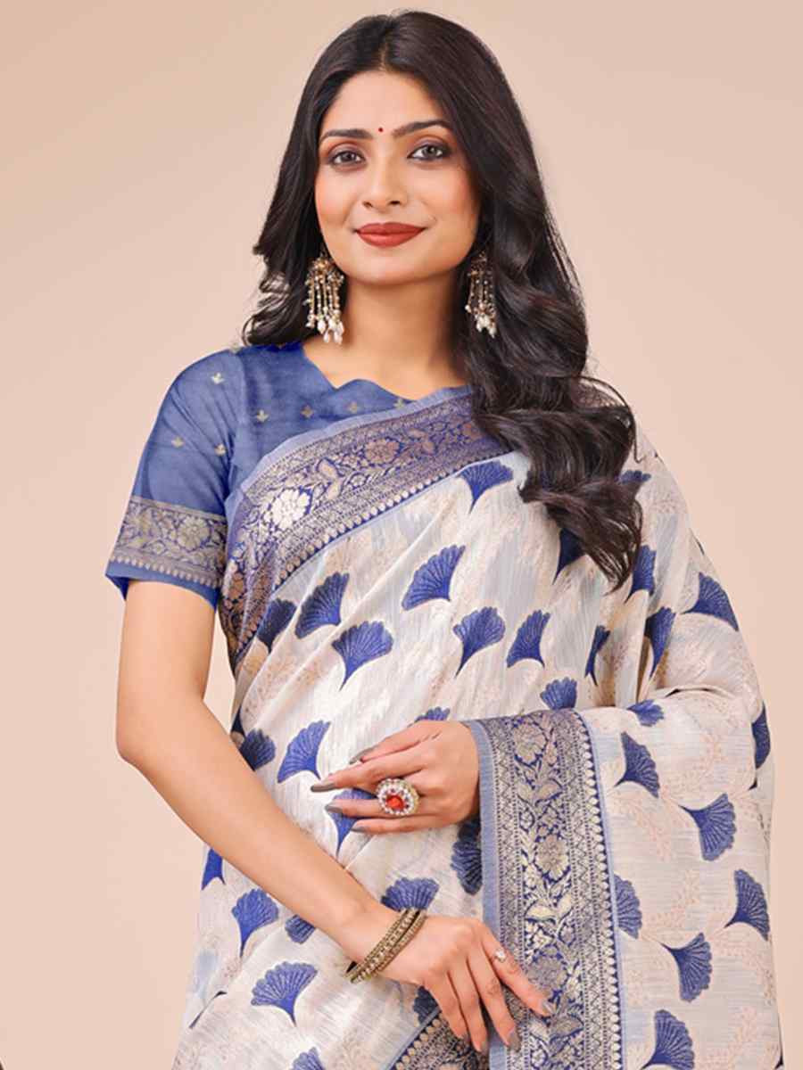 Off-White Linen Cotton Handwoven Festival Wedding Fancy Heavy Border Saree