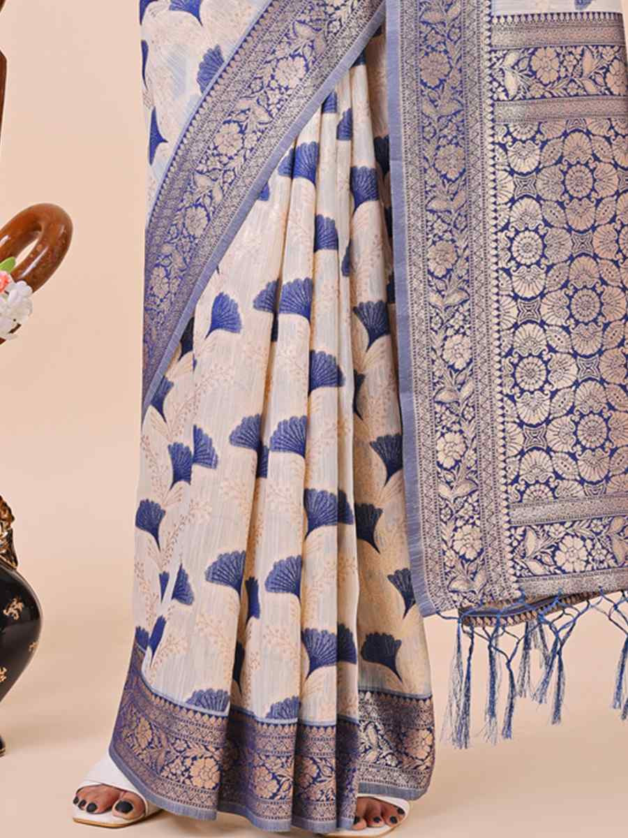 Off-White Linen Cotton Handwoven Festival Wedding Fancy Heavy Border Saree