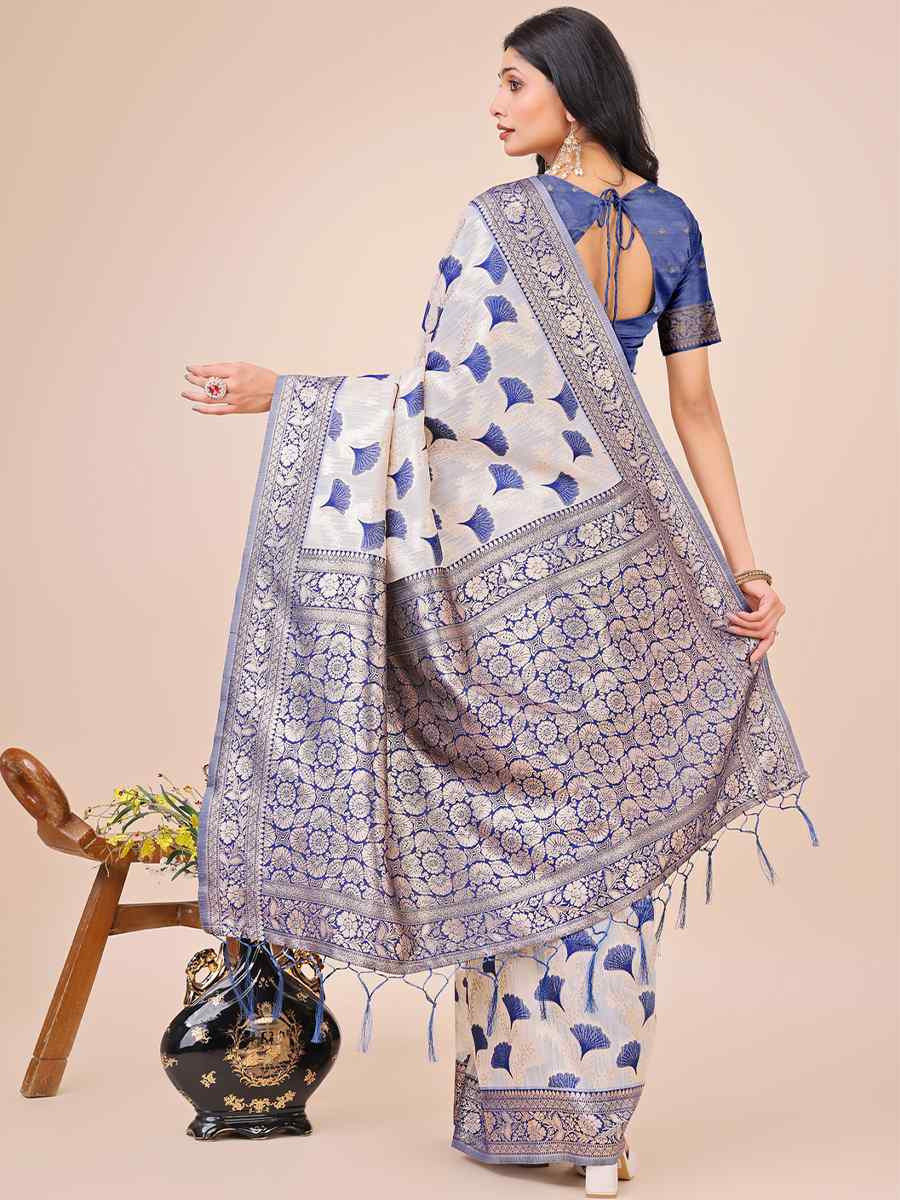 Off-White Linen Cotton Handwoven Festival Wedding Fancy Heavy Border Saree