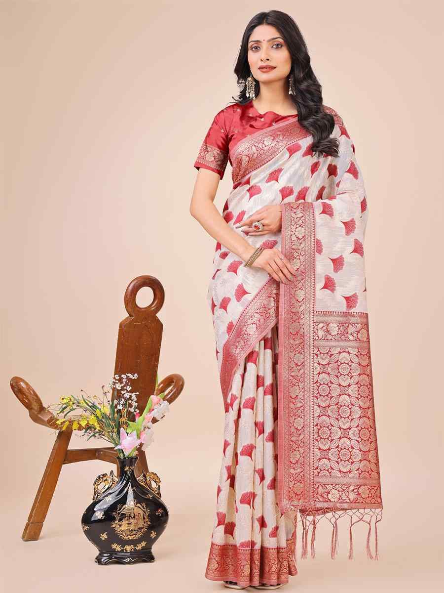 Off-White Linen Cotton Handwoven Festival Wedding Fancy Heavy Border Saree