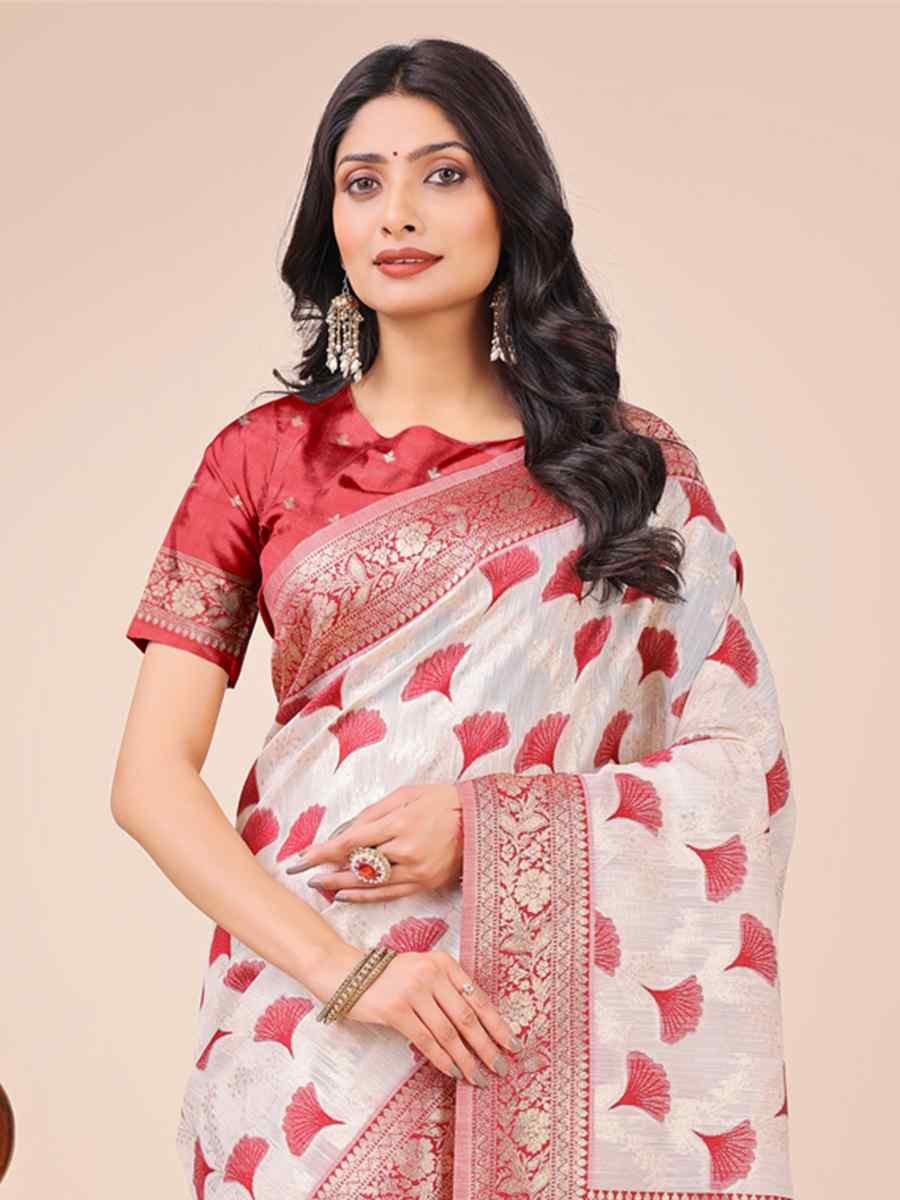 Off-White Linen Cotton Handwoven Festival Wedding Fancy Heavy Border Saree