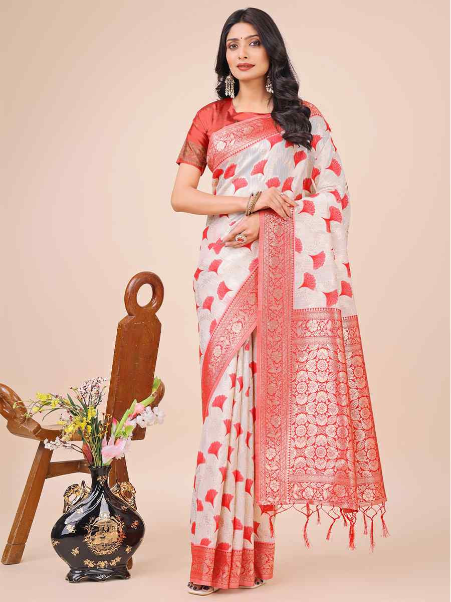 Off-White Linen Cotton Handwoven Festival Wedding Fancy Heavy Border Saree