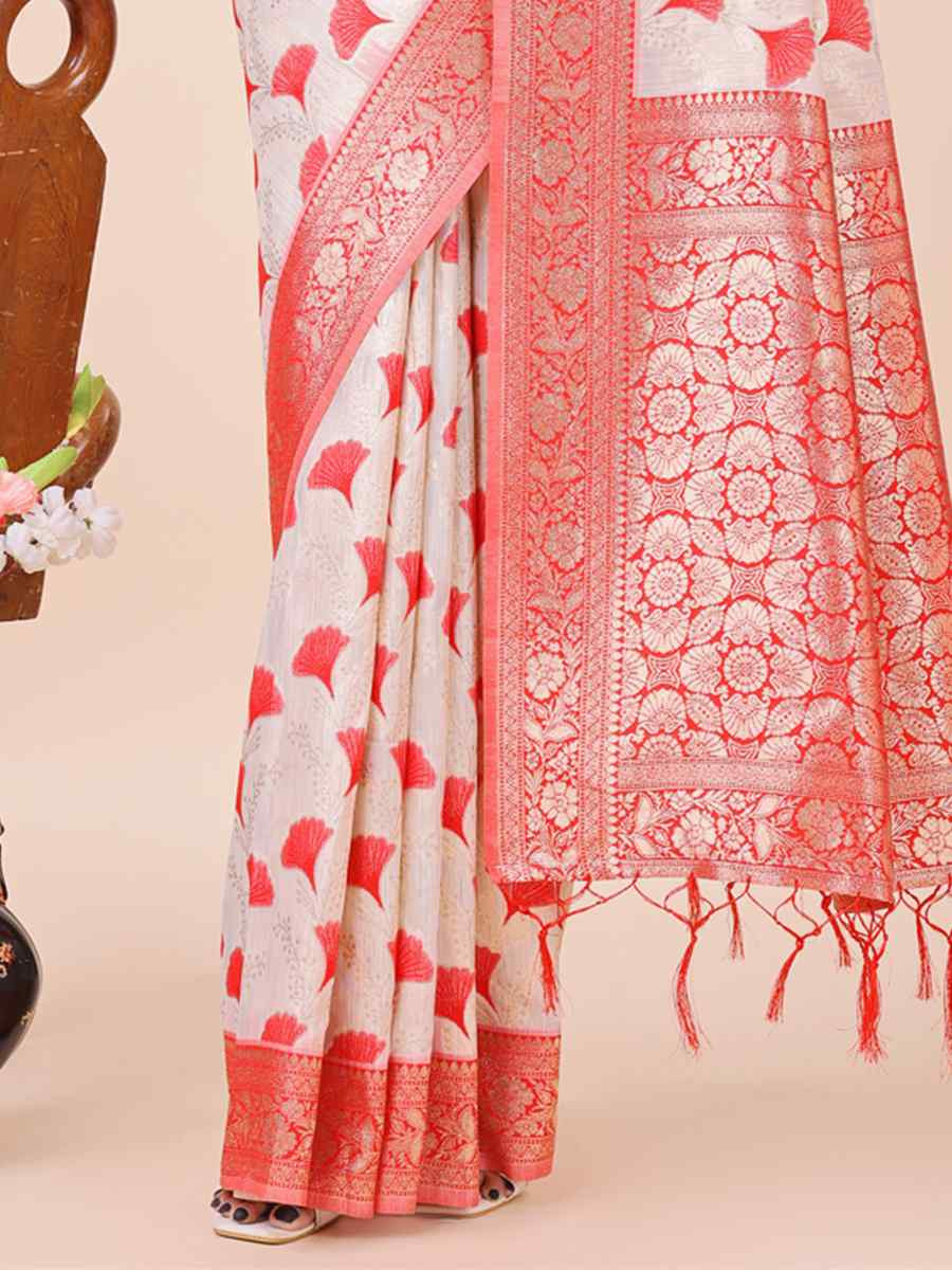 Off-White Linen Cotton Handwoven Festival Wedding Fancy Heavy Border Saree