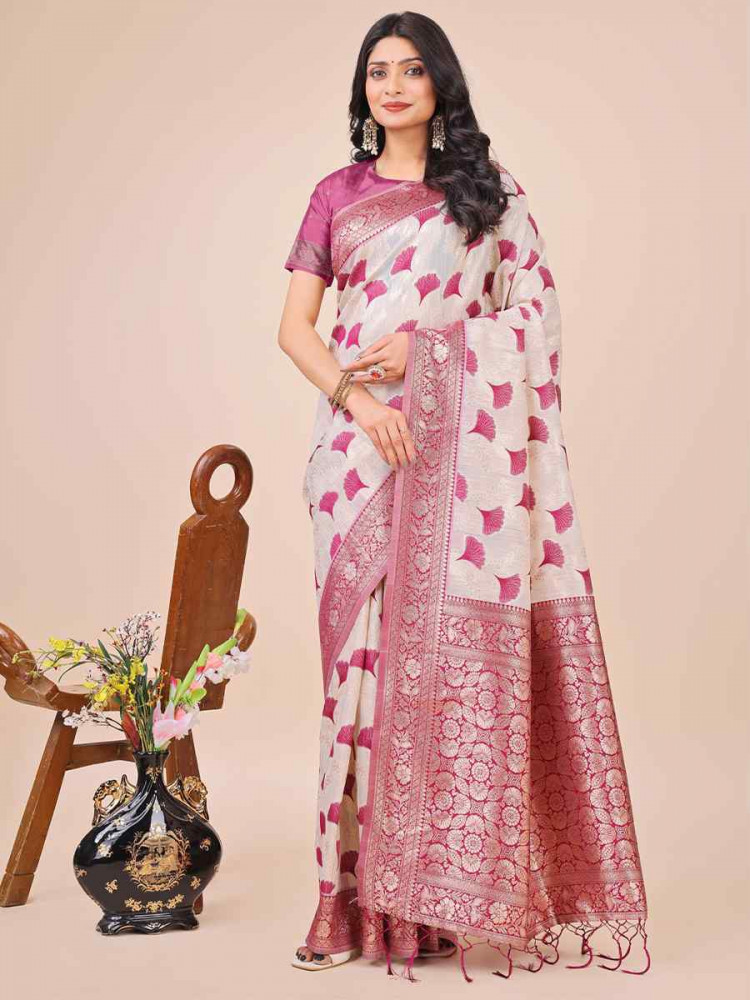 Off-White Linen Cotton Handwoven Festival Wedding Fancy Heavy Border Saree