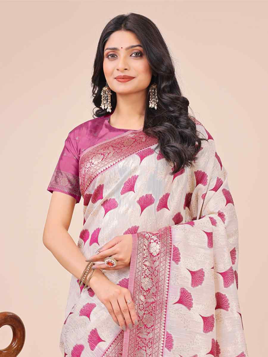Off-White Linen Cotton Handwoven Festival Wedding Fancy Heavy Border Saree