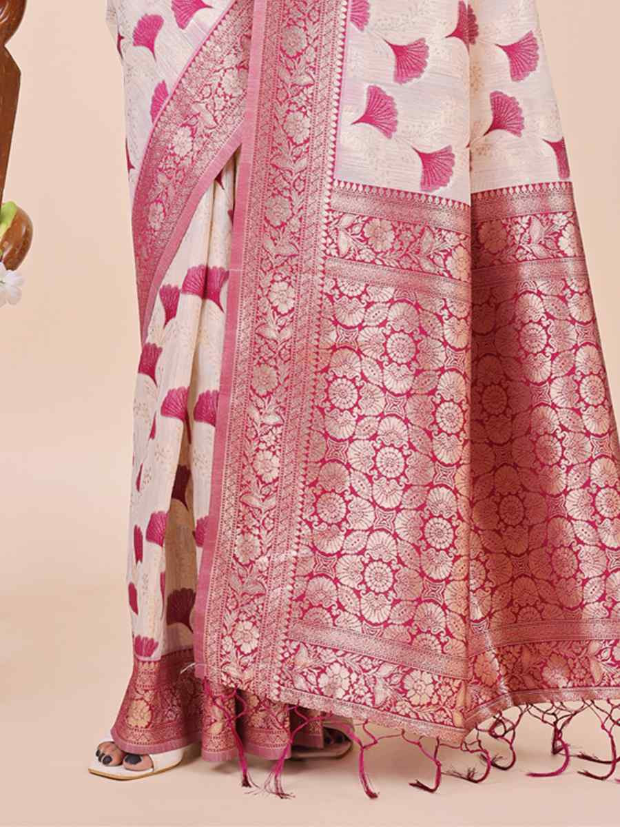 Off-White Linen Cotton Handwoven Festival Wedding Fancy Heavy Border Saree