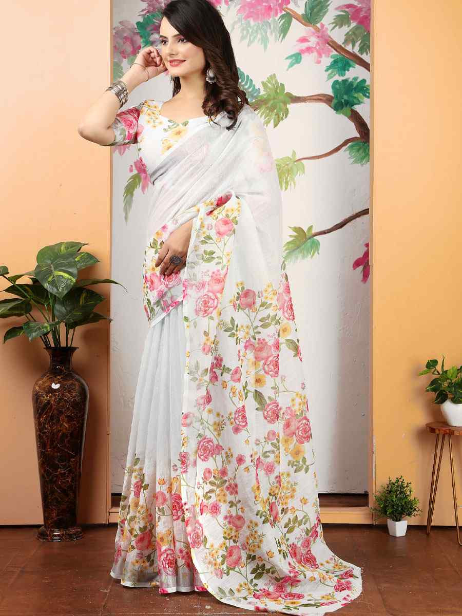 Off White Linen Cotton Printed Casual Festival Wedding Fancy Classic Style Sarees