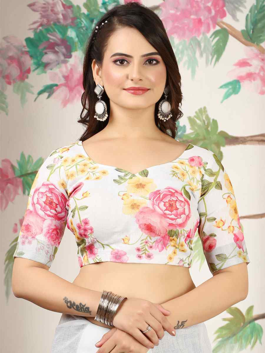 Off White Linen Cotton Printed Casual Festival Wedding Fancy Classic Style Sarees