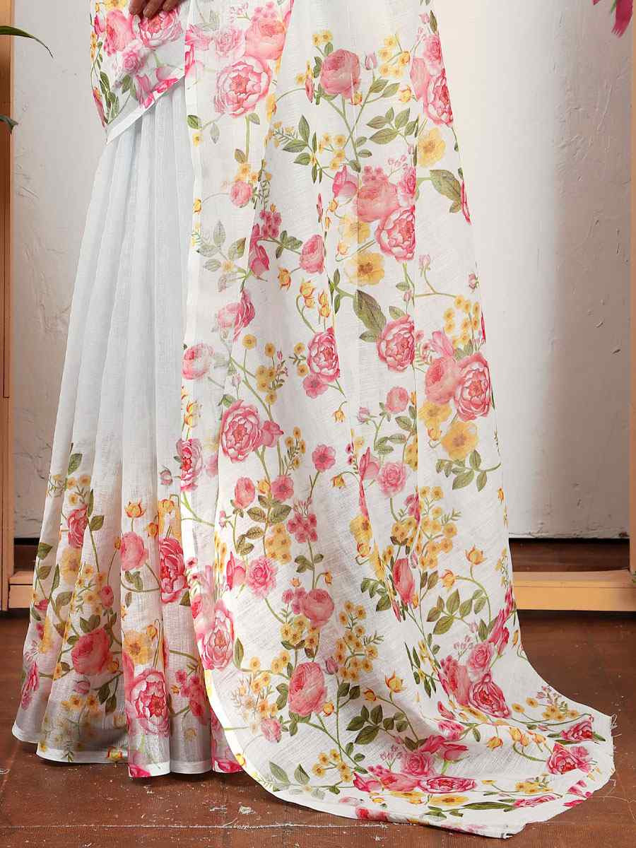 Off White Linen Cotton Printed Casual Festival Wedding Fancy Classic Style Sarees