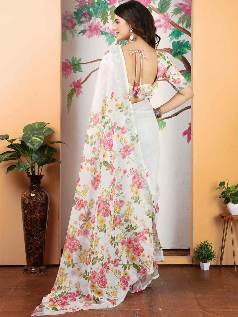 Off White Linen Cotton Printed Casual Festival Wedding Fancy Classic Style Sarees