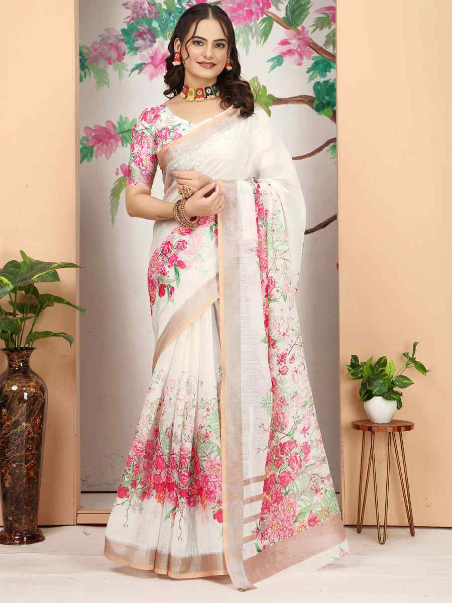 Off White Linen Cotton Printed Casual Festival Wedding Fancy Classic Style Sarees