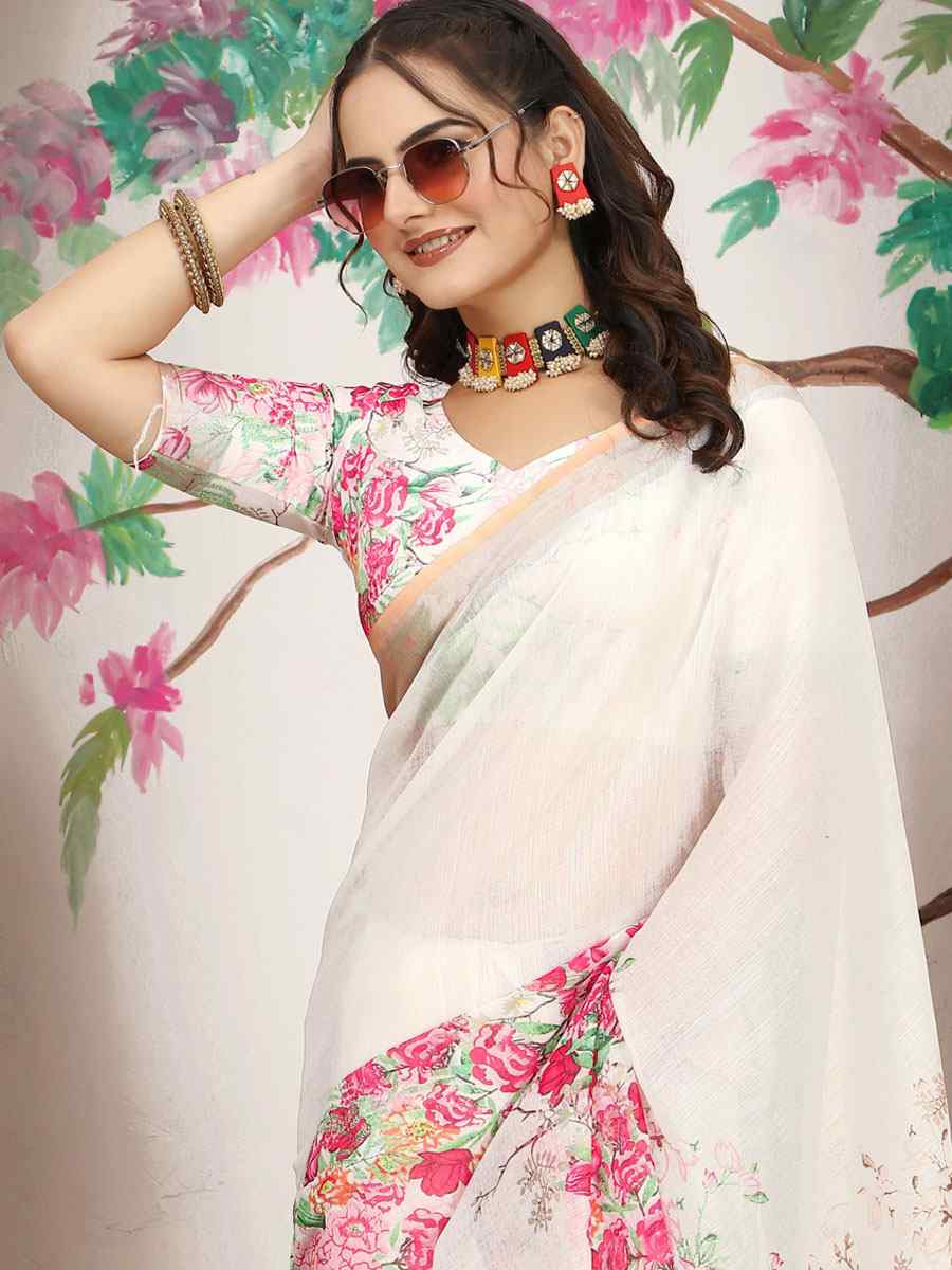 Off White Linen Cotton Printed Casual Festival Wedding Fancy Classic Style Sarees