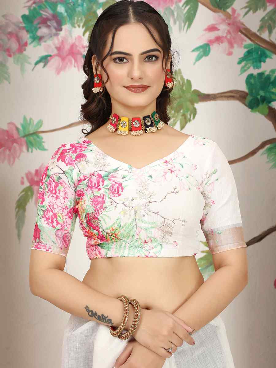 Off White Linen Cotton Printed Casual Festival Wedding Fancy Classic Style Sarees