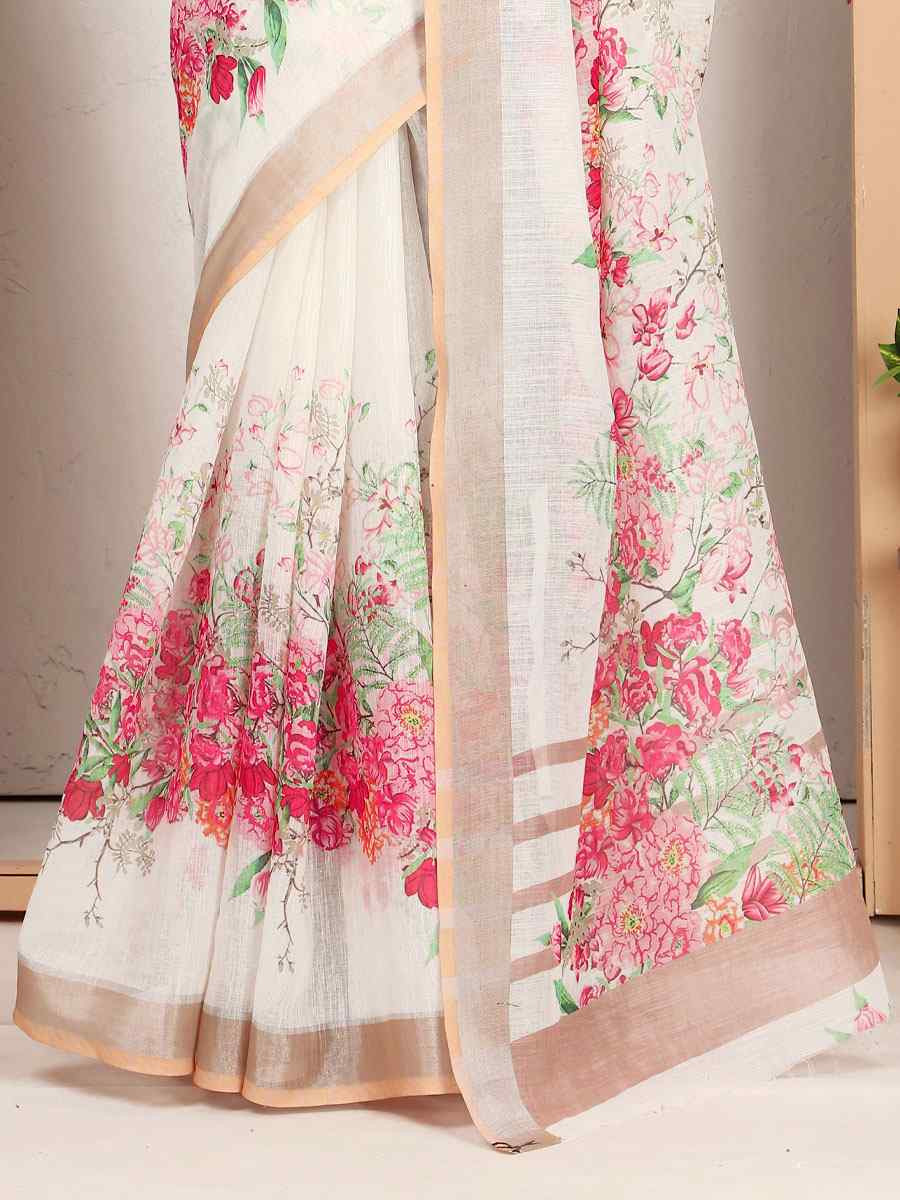 Off White Linen Cotton Printed Casual Festival Wedding Fancy Classic Style Sarees