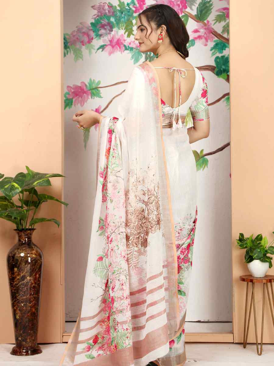 Off White Linen Cotton Printed Casual Festival Wedding Fancy Classic Style Sarees