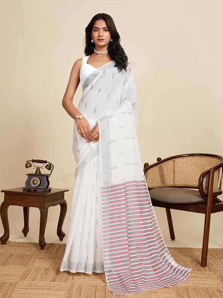 Off White Linen Cotton Printed Handwoven Traditional Casual Festival Fancy Classic Style Sarees