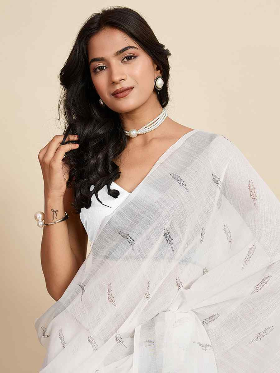 Off White Linen Cotton Printed Handwoven Traditional Casual Festival Fancy Classic Style Sarees