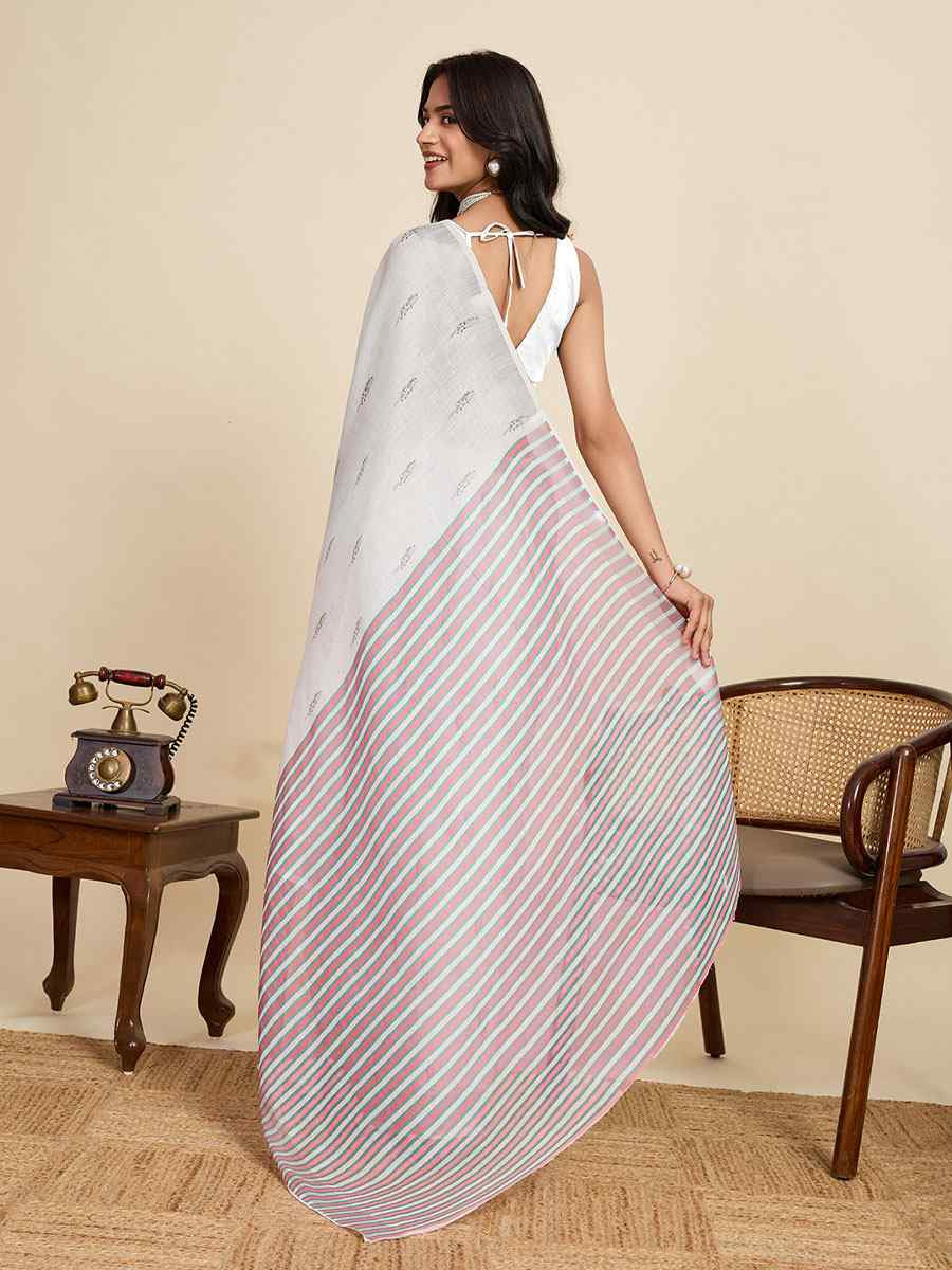 Off White Linen Cotton Printed Handwoven Traditional Casual Festival Fancy Classic Style Sarees