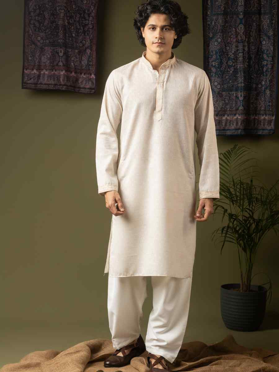 Off white Linen Embroidery Festival Wedding Party Mens Kurta