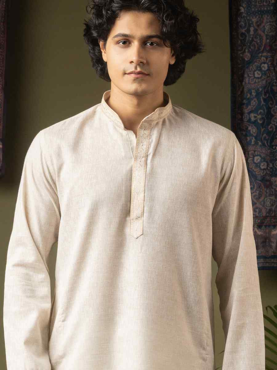 Off white Linen Embroidery Festival Wedding Party Mens Kurta