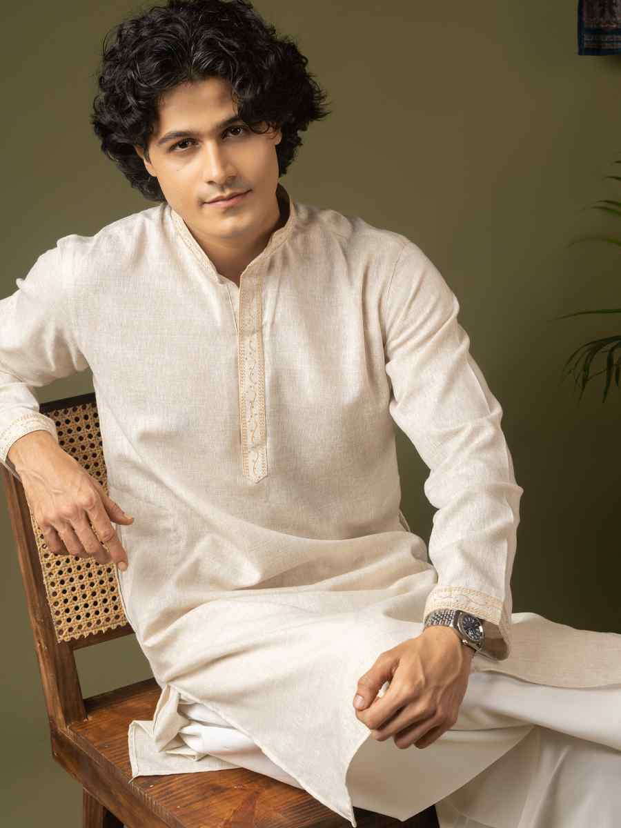 Off white Linen Embroidery Festival Wedding Party Mens Kurta