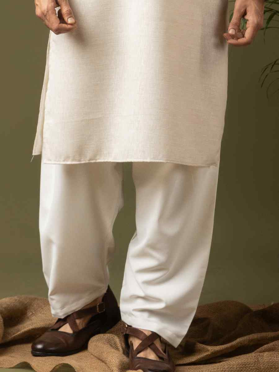Off white Linen Embroidery Festival Wedding Party Mens Kurta