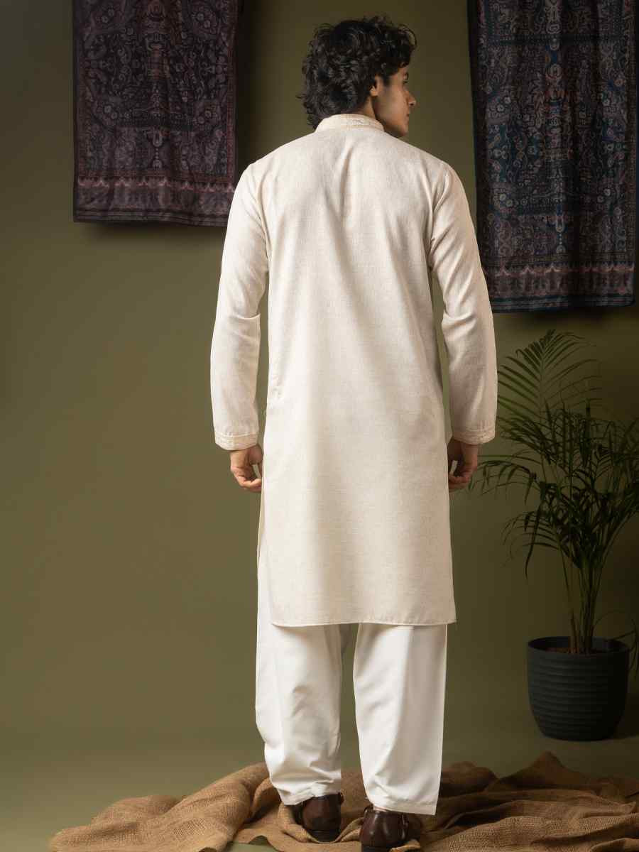 Off white Linen Embroidery Festival Wedding Party Mens Kurta