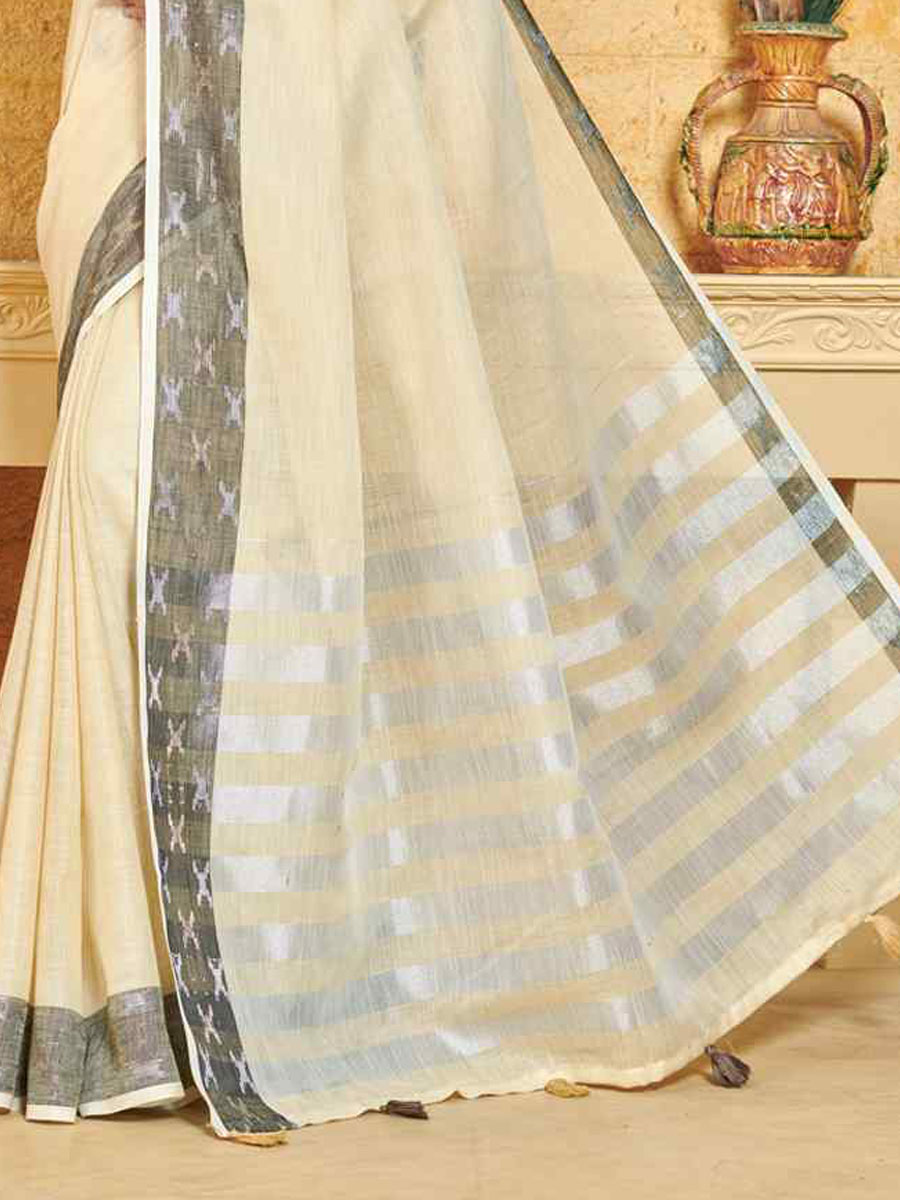 Off White Linen Handwoven Wedding Festival Heavy Border Saree