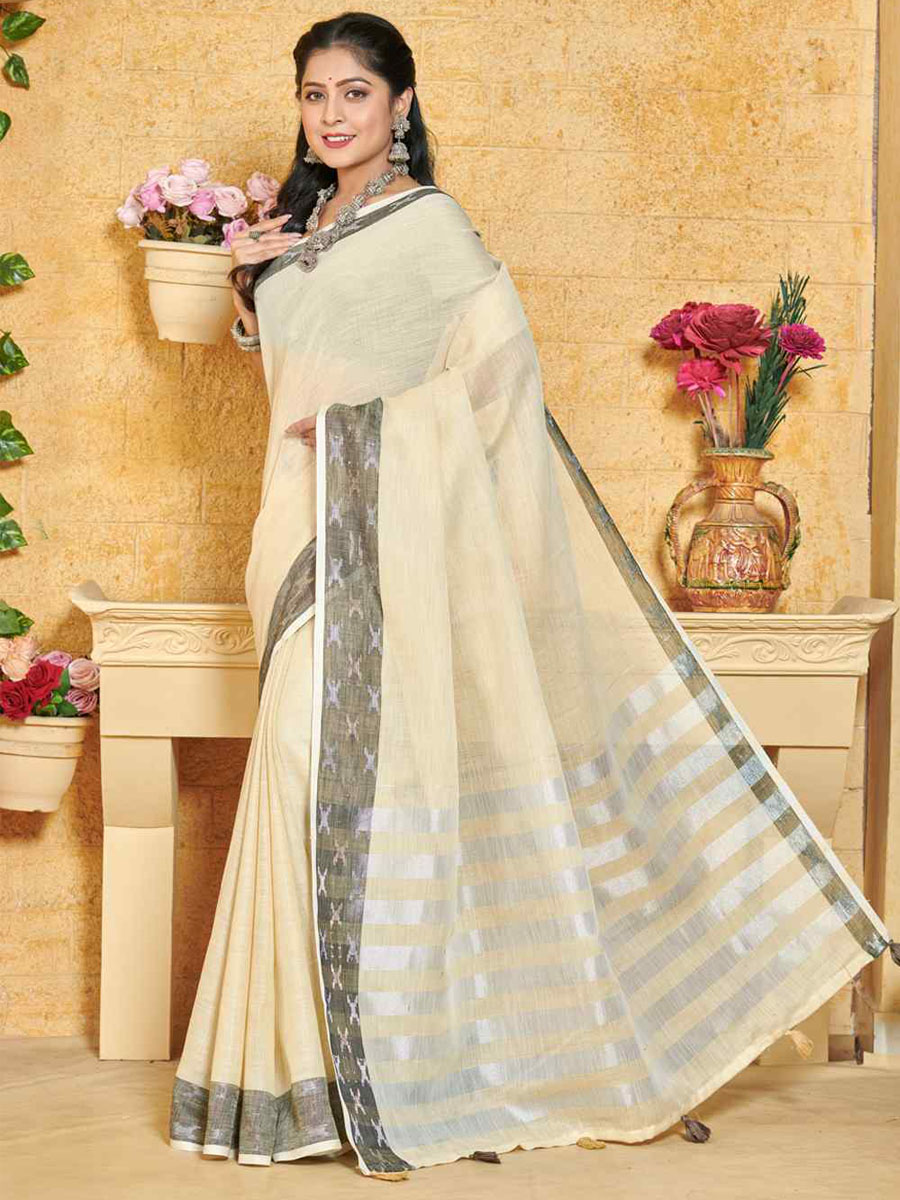 Off White Linen Handwoven Wedding Festival Heavy Border Saree