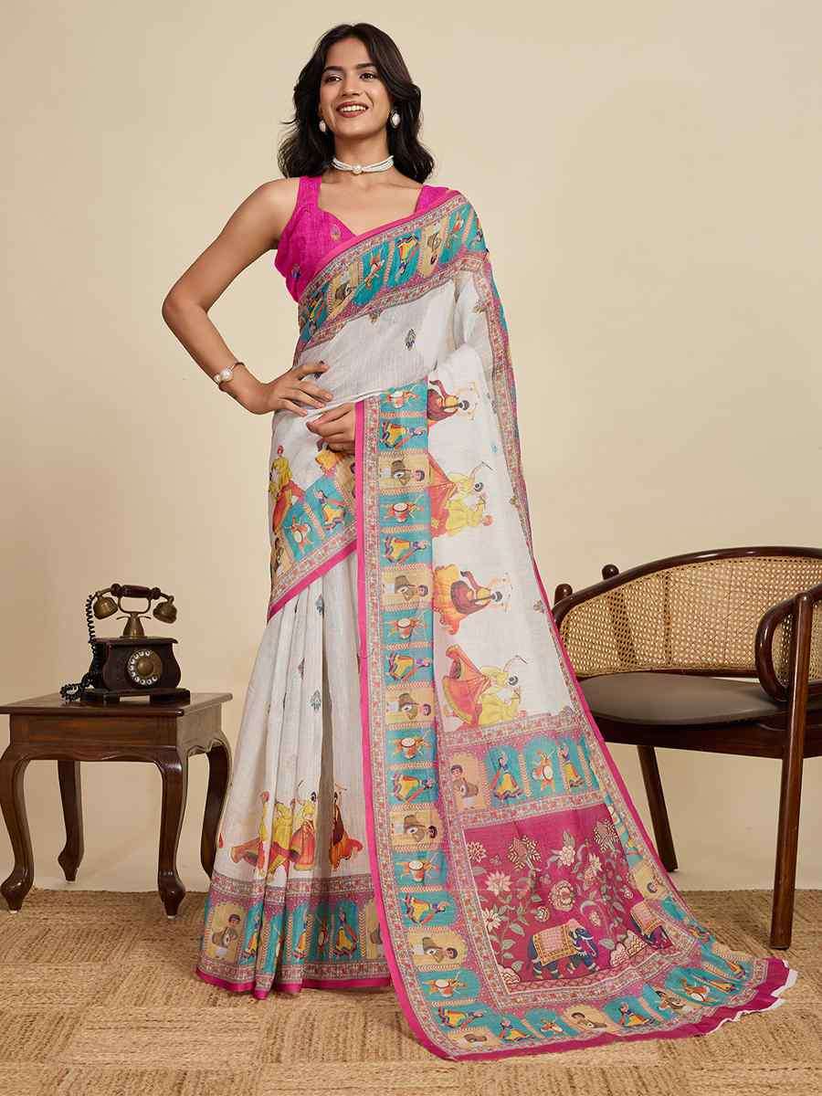 Off White Linen Printed Traditional Casual Fancy Classic Style Sarees