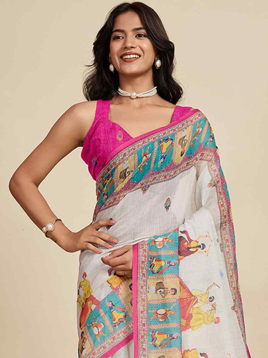 Off White Linen Printed Traditional Casual Fancy Classic Style Sarees