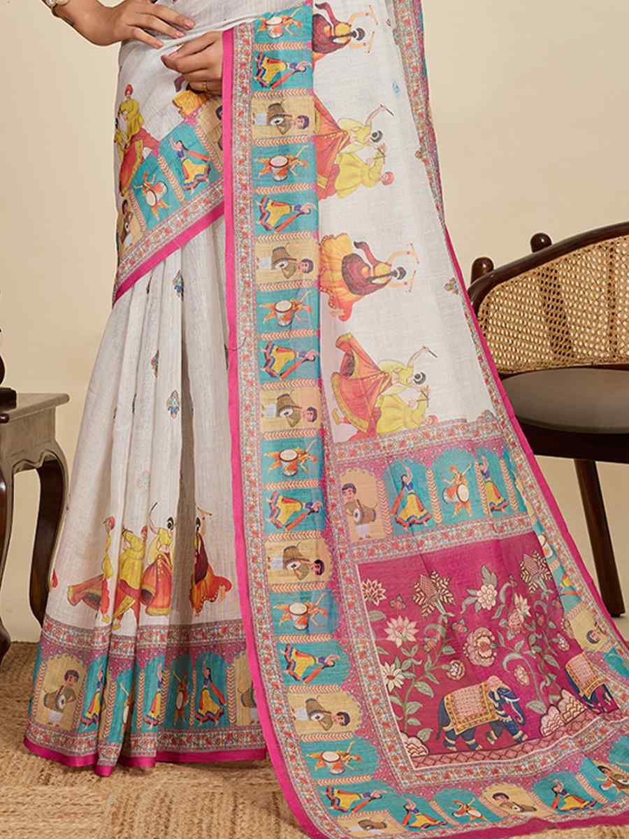 Off White Linen Printed Traditional Casual Fancy Classic Style Sarees