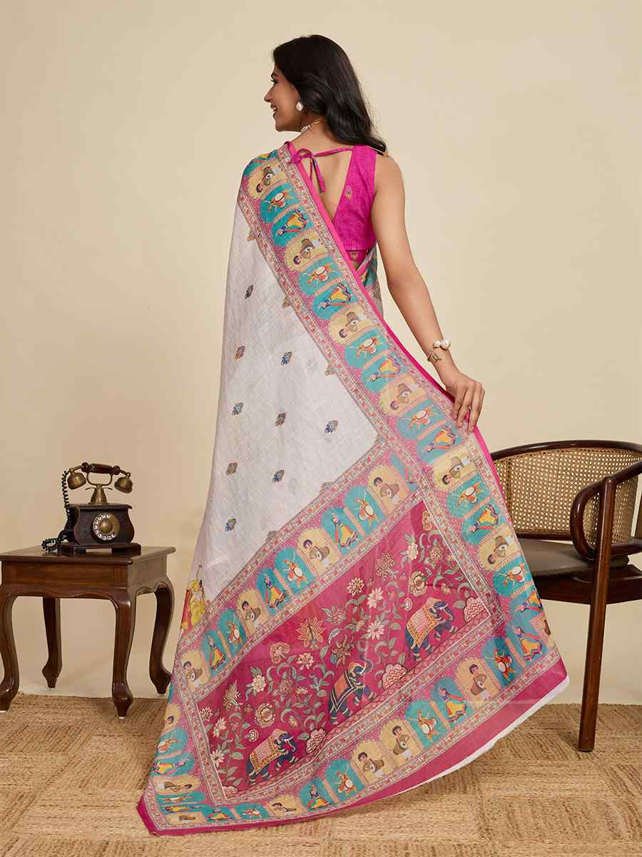 Off White Linen Printed Traditional Casual Fancy Classic Style Sarees