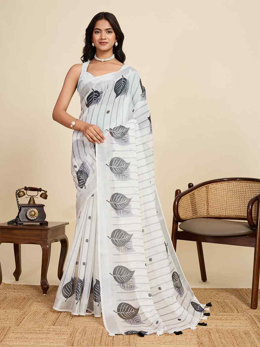 Off White Linen Printed Traditional Casual Fancy Classic Style Sarees
