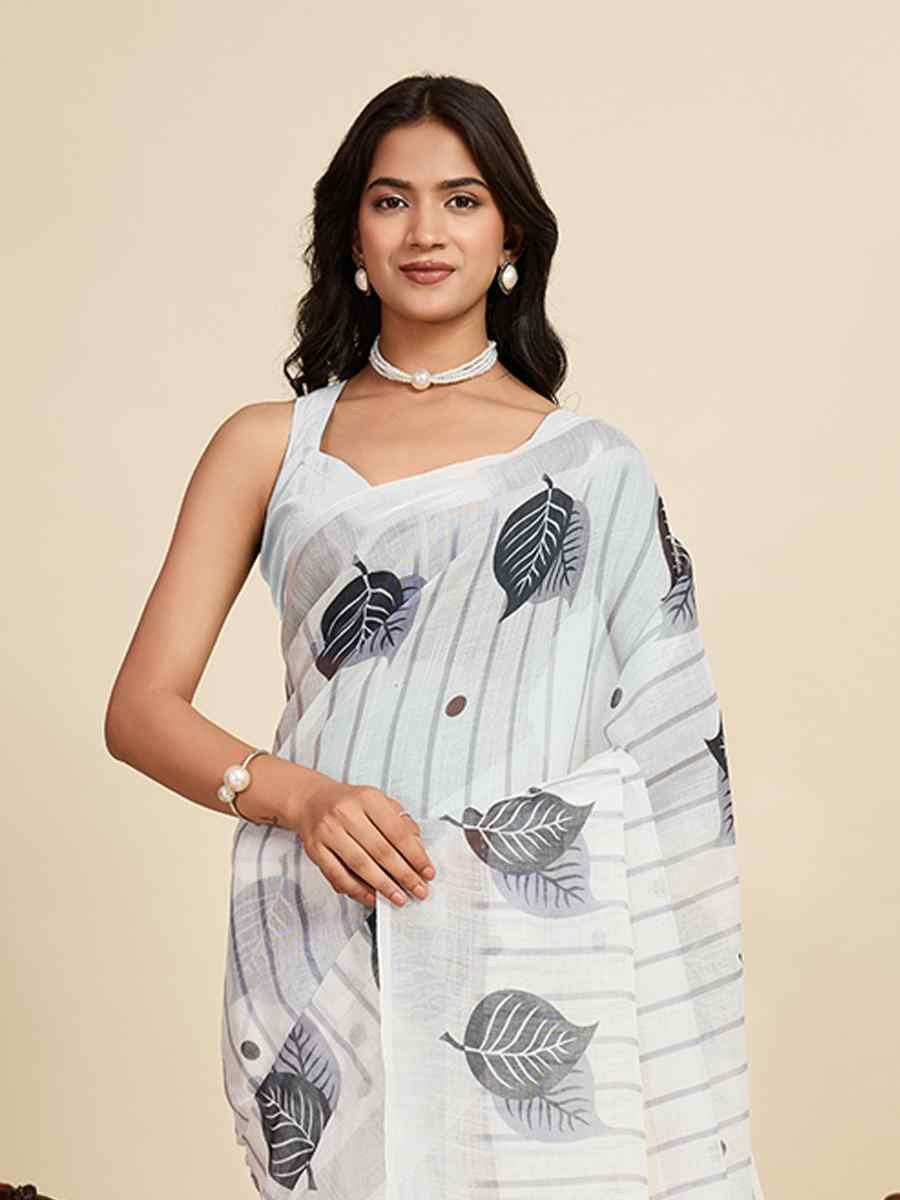 Off White Linen Printed Traditional Casual Fancy Classic Style Sarees
