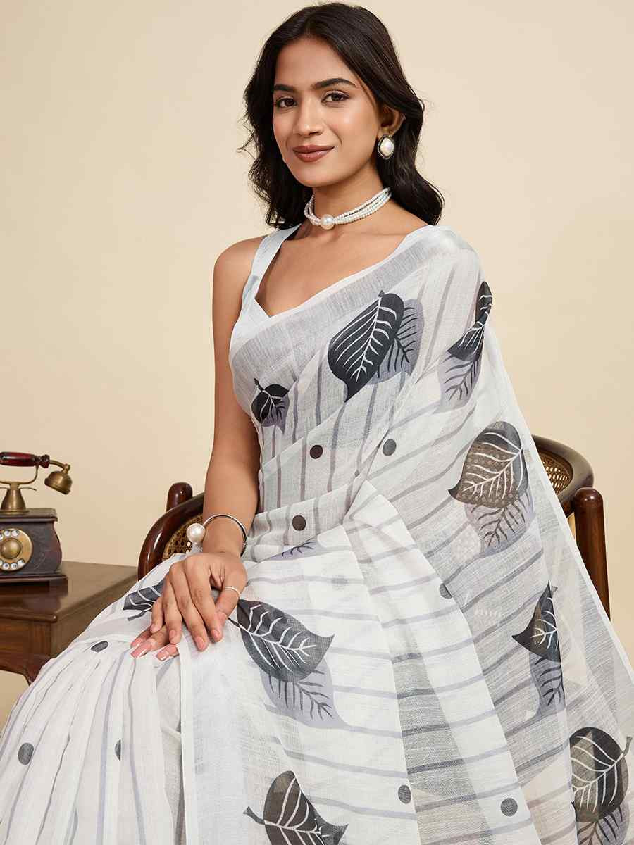 Off White Linen Printed Traditional Casual Fancy Classic Style Sarees