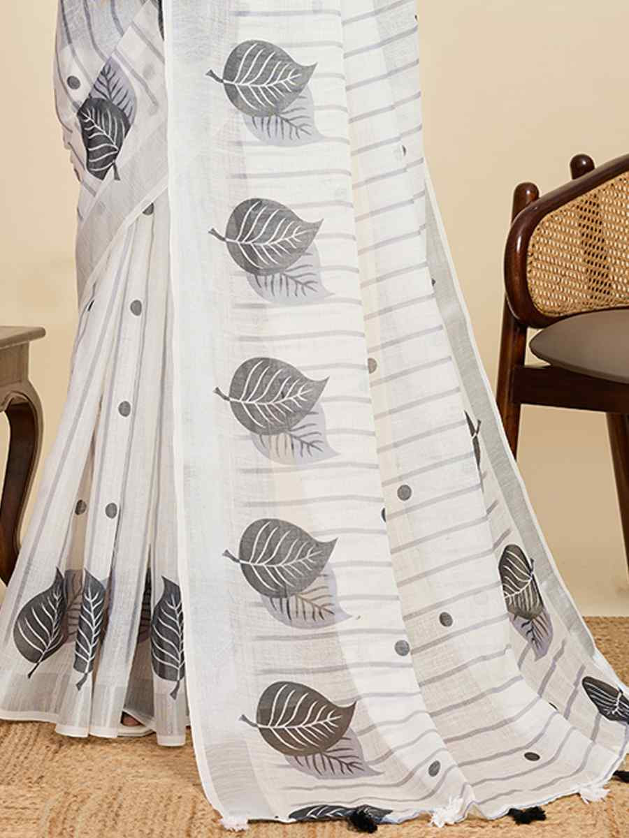 Off White Linen Printed Traditional Casual Fancy Classic Style Sarees