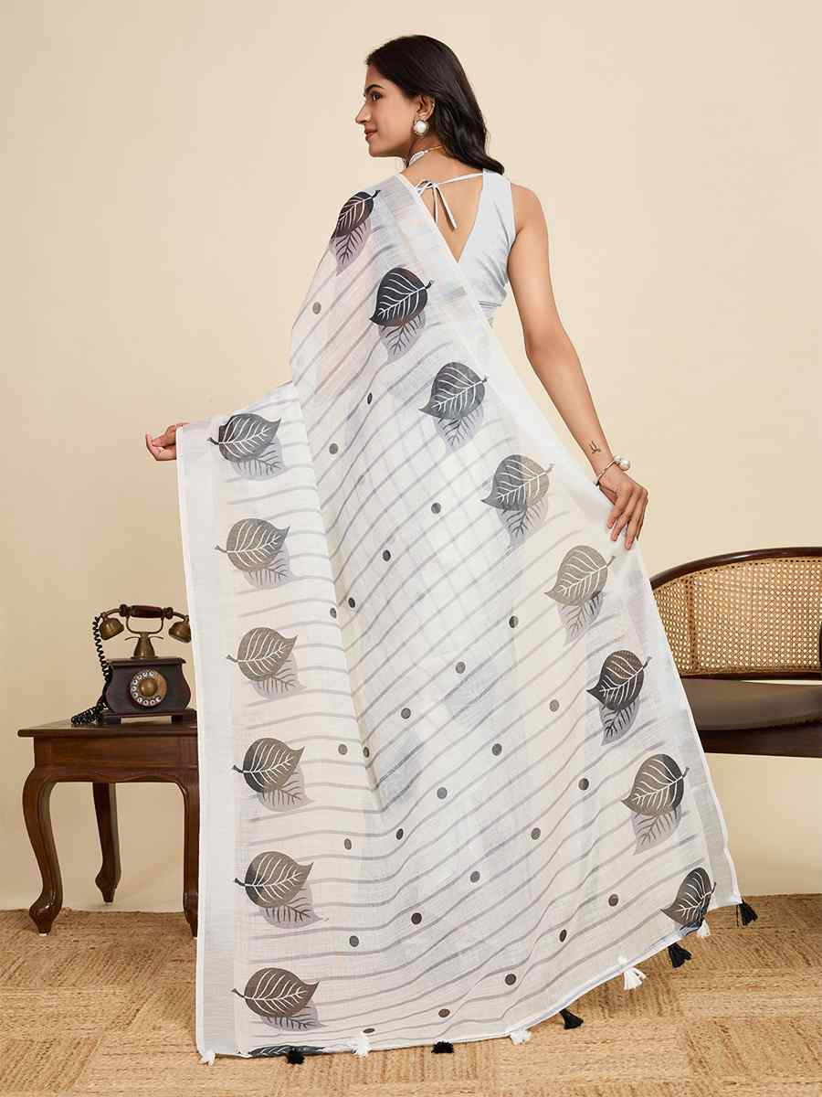 Off White Linen Printed Traditional Casual Fancy Classic Style Sarees