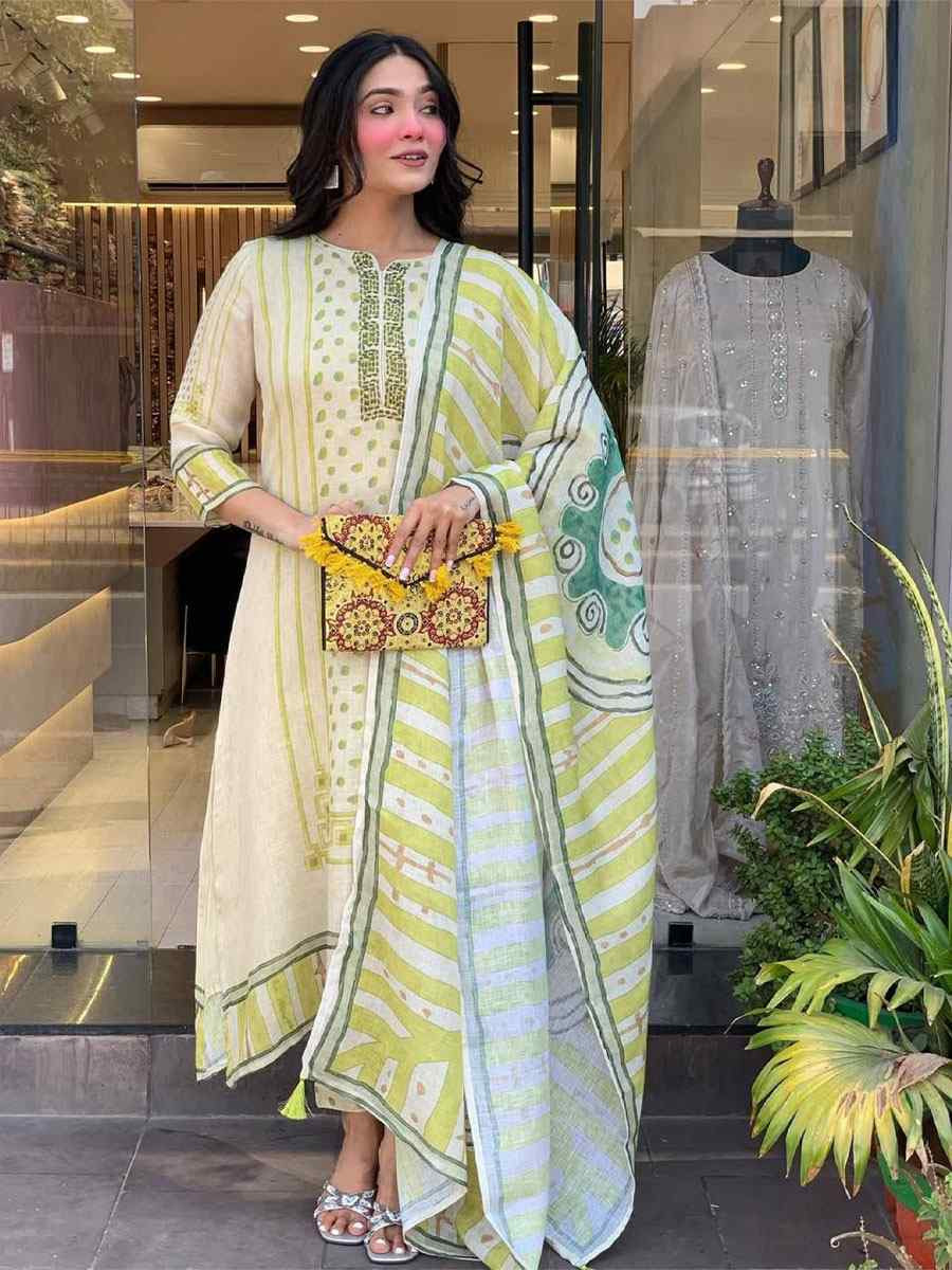 Off White Linen Silk Embroidery Party Wedding Festival Casual Ready Pant Salwar Kameez