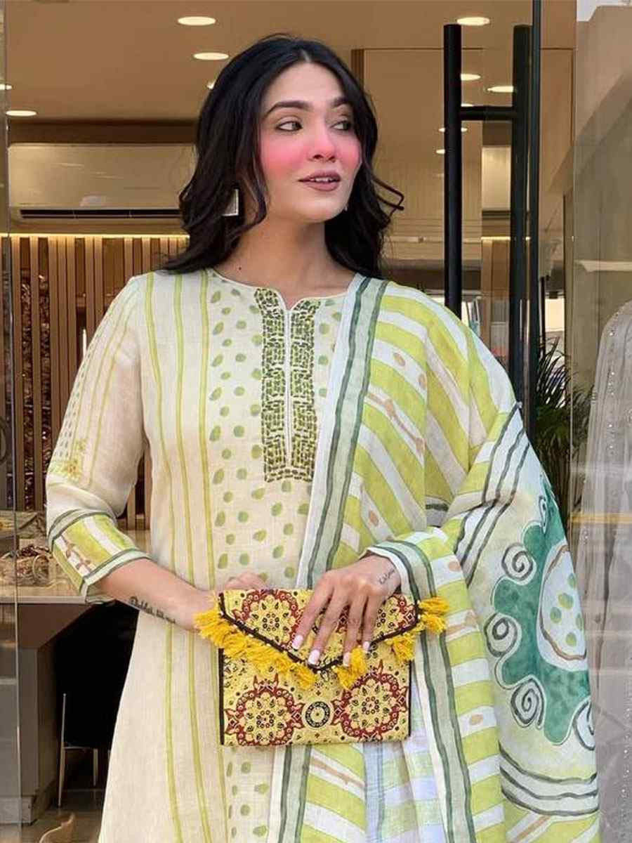 Off White Linen Silk Embroidery Party Wedding Festival Casual Ready Pant Salwar Kameez