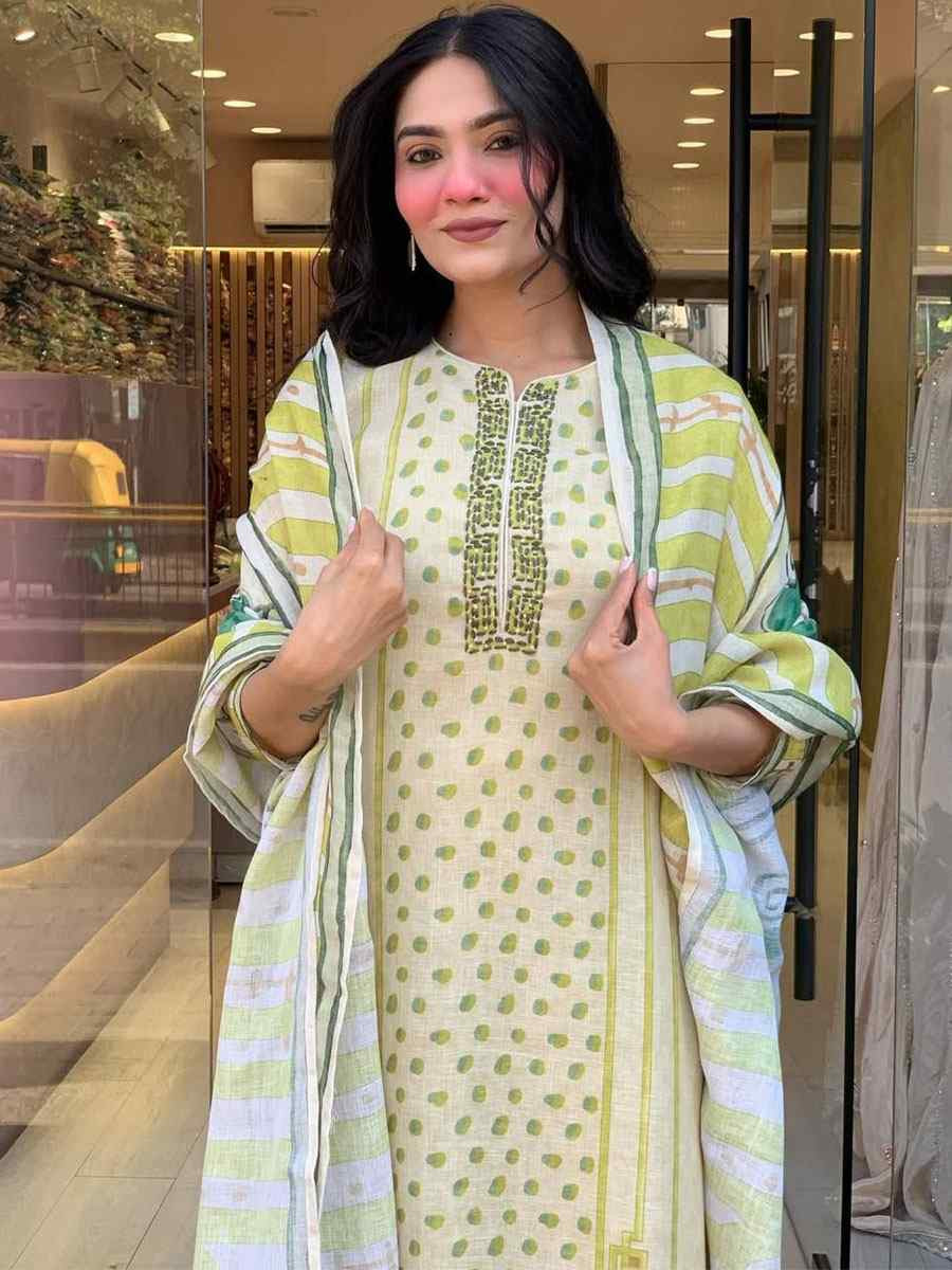 Off White Linen Silk Embroidery Party Wedding Festival Casual Ready Pant Salwar Kameez