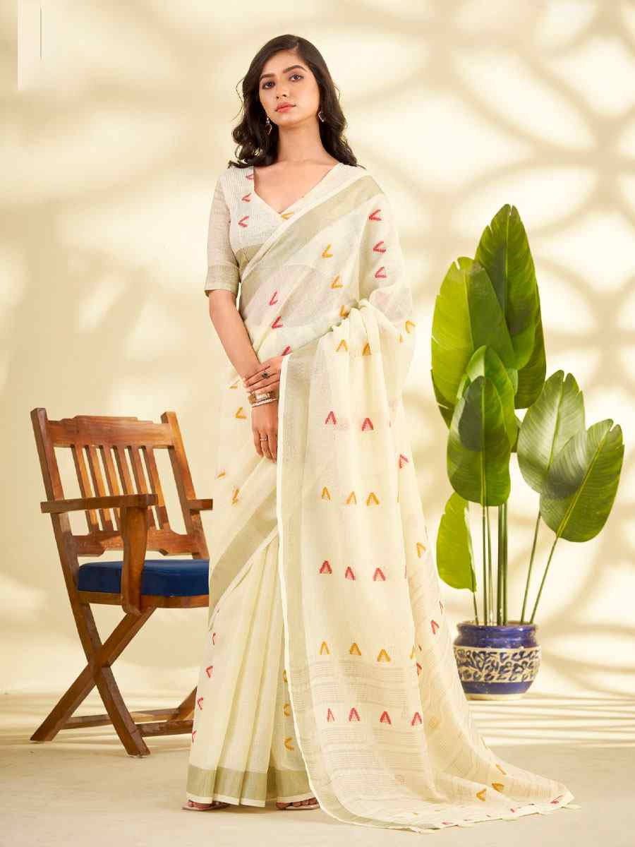 Off-White Linen Silk With Zari Border Printed Casual Festival Classic Style Sarees