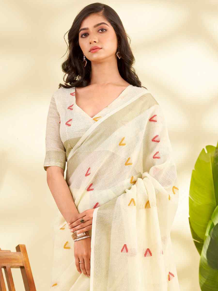 Off-White Linen Silk With Zari Border Printed Casual Festival Classic Style Sarees