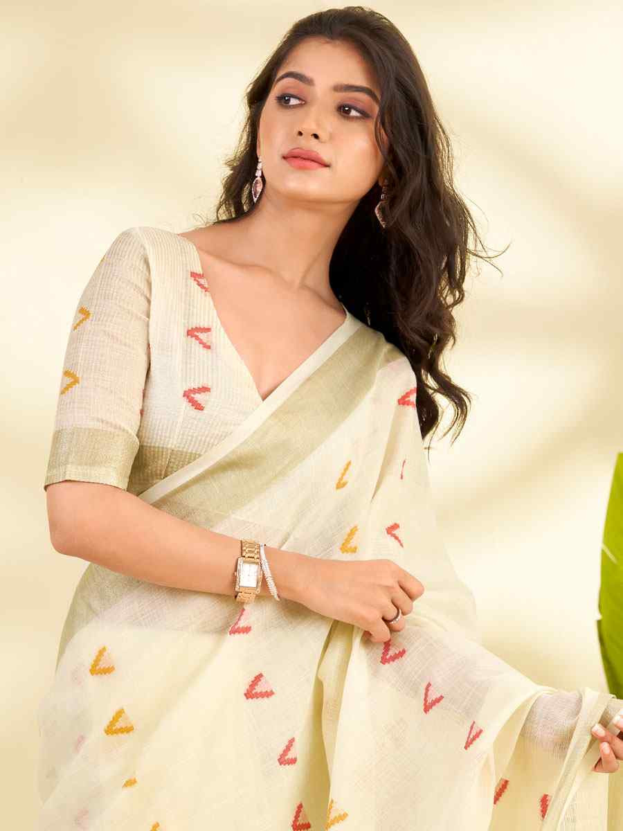 Off-White Linen Silk With Zari Border Printed Casual Festival Classic Style Sarees