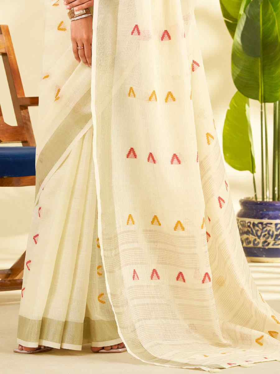 Off-White Linen Silk With Zari Border Printed Casual Festival Classic Style Sarees