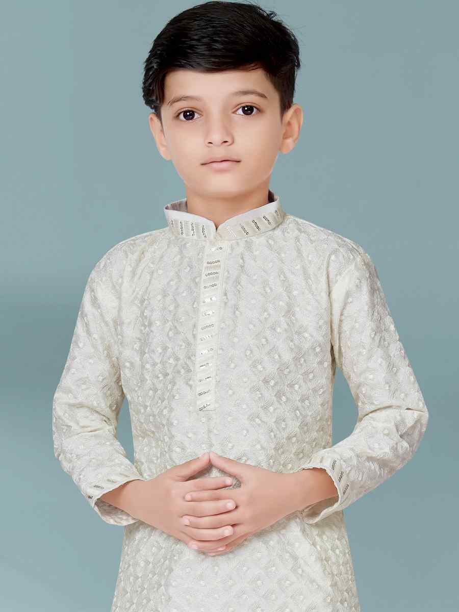 Off White Lucknowi Jacquard Floral Party Festival Kurta Dhoti Boys Wear