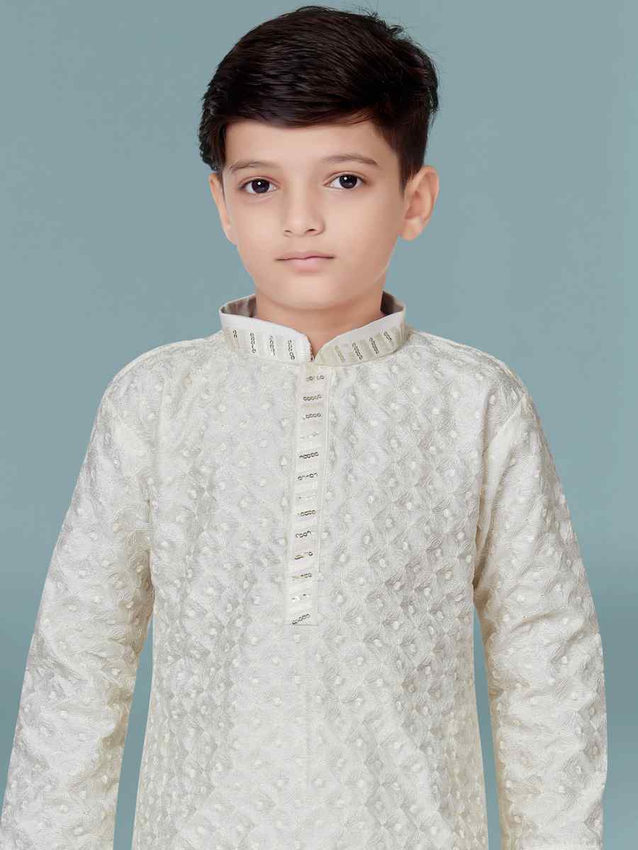 Off White Lucknowi Jacquard Floral Party Festival Kurta Dhoti Boys Wear