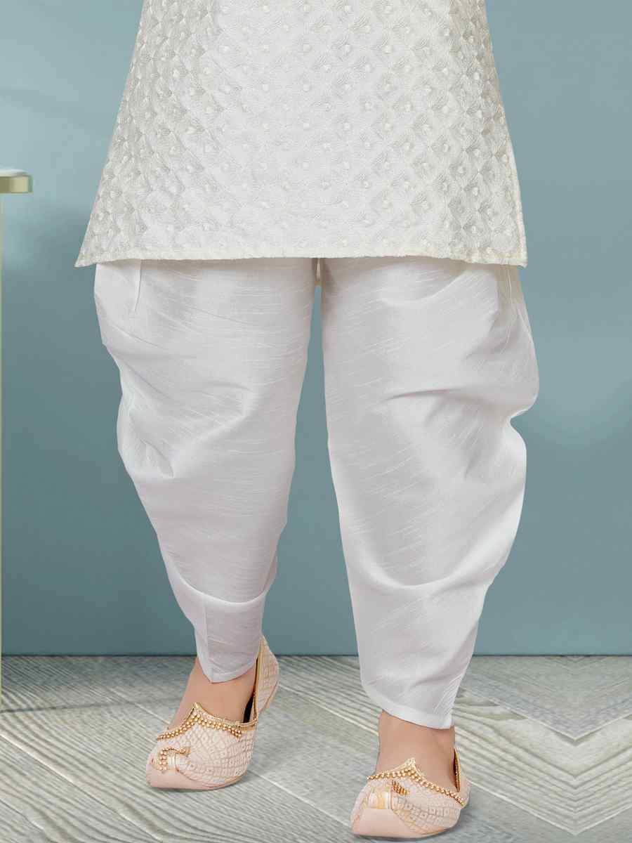 Off White Lucknowi Jacquard Floral Party Festival Kurta Dhoti Boys Wear