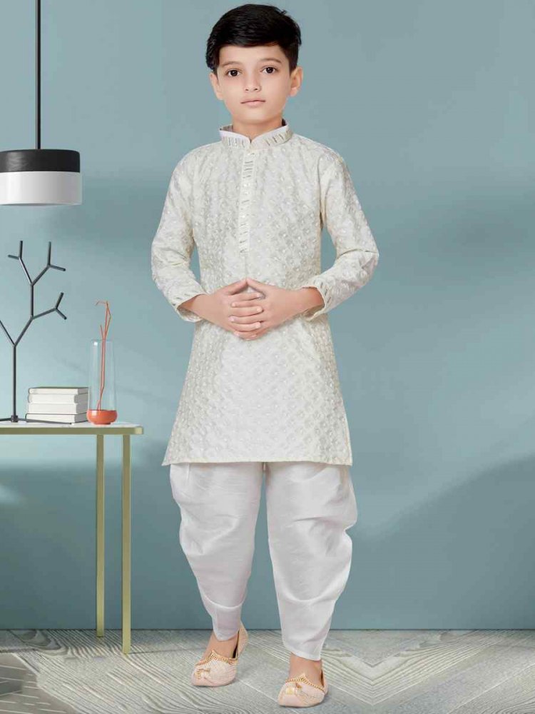 Off White Lucknowi Jacquard Floral Party Festival Kurta Dhoti Boys Wear