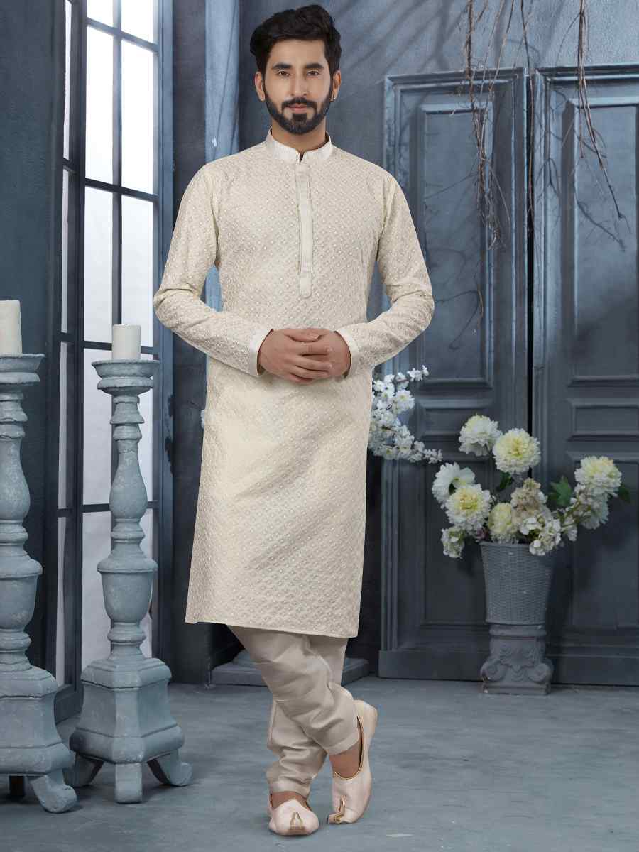 Off White Lucknowi Woven Festival Party Kurta